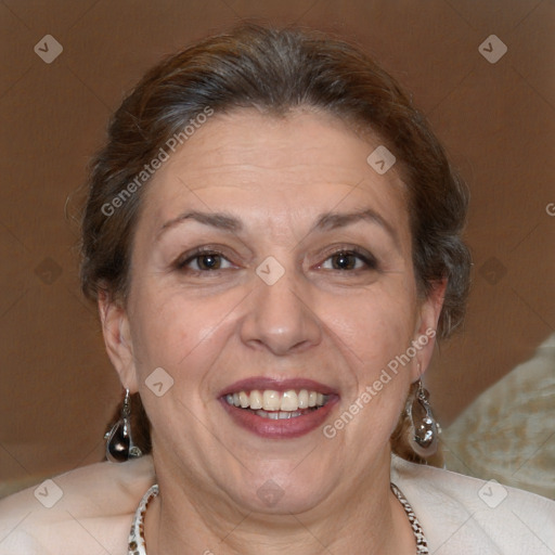 Joyful white adult female with short  brown hair and brown eyes