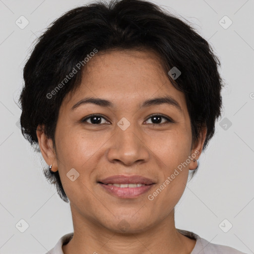 Joyful white adult female with short  brown hair and brown eyes