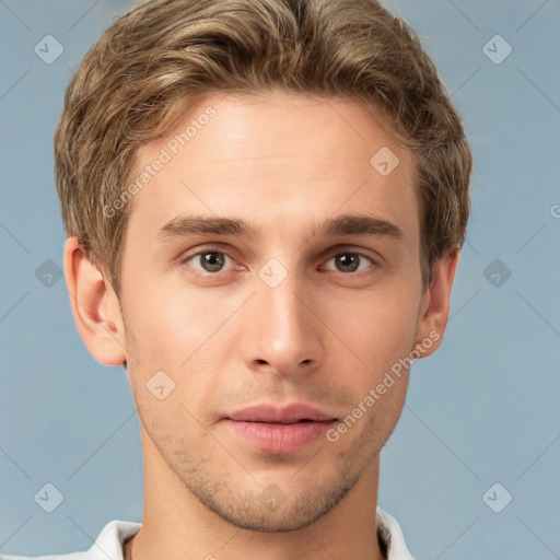 Neutral white young-adult male with short  brown hair and brown eyes