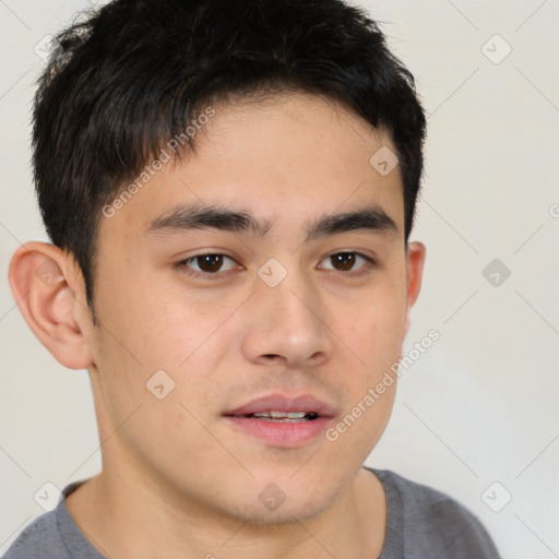Neutral white young-adult male with short  brown hair and brown eyes