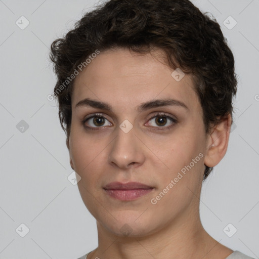 Joyful white young-adult female with short  brown hair and brown eyes