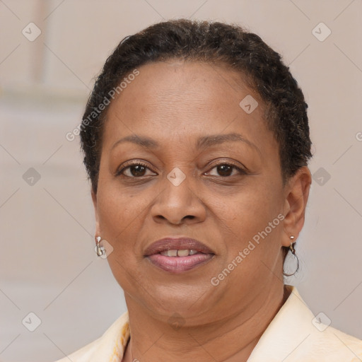 Joyful latino adult female with short  brown hair and brown eyes