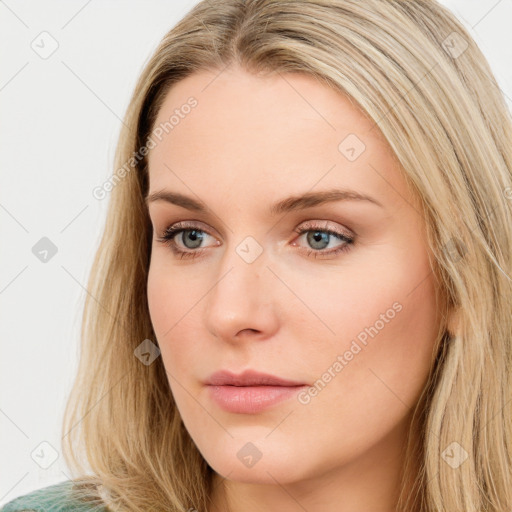 Neutral white young-adult female with long  brown hair and blue eyes