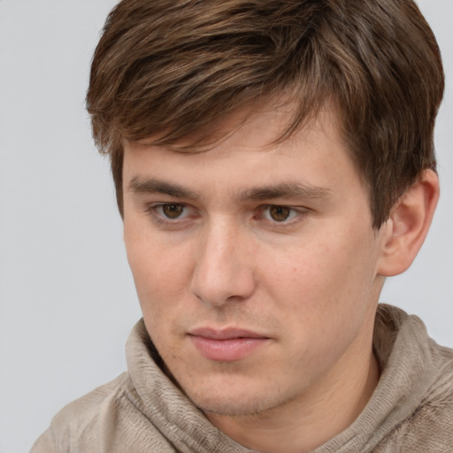 Neutral white young-adult male with short  brown hair and grey eyes