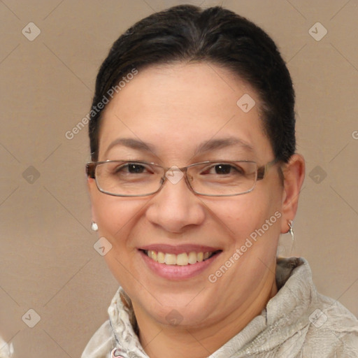 Joyful white adult female with short  brown hair and brown eyes