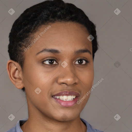 Joyful black young-adult female with short  brown hair and brown eyes