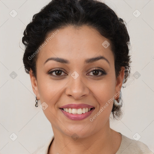 Joyful latino young-adult female with short  brown hair and brown eyes