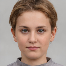 Neutral white young-adult female with short  brown hair and grey eyes