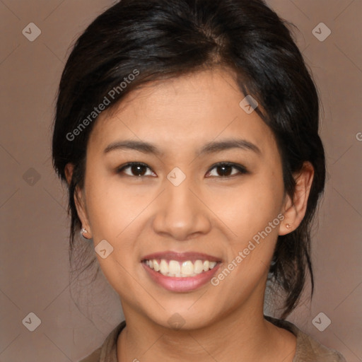 Joyful white young-adult female with medium  brown hair and brown eyes