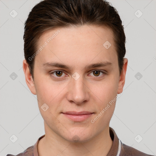 Joyful white young-adult female with short  brown hair and grey eyes