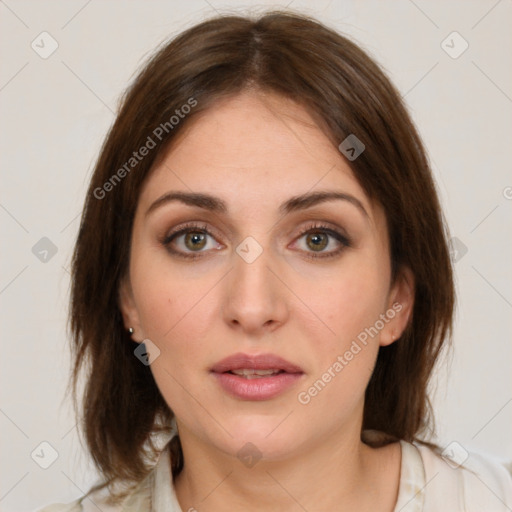 Neutral white young-adult female with medium  brown hair and brown eyes