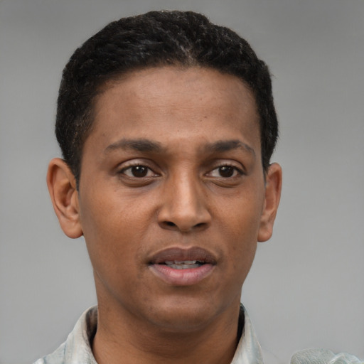 Joyful latino young-adult male with short  brown hair and brown eyes