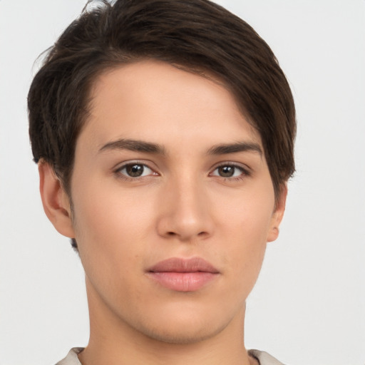 Neutral white young-adult female with short  brown hair and brown eyes