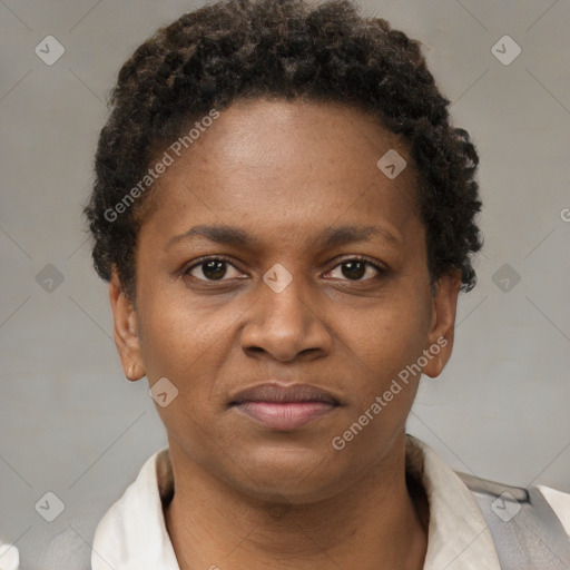 Neutral black young-adult female with short  brown hair and brown eyes