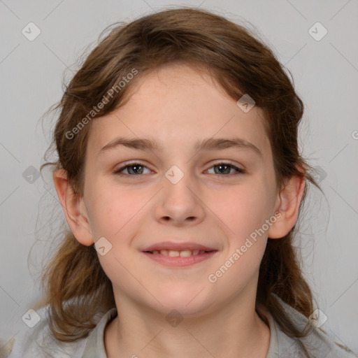 Joyful white child female with medium  brown hair and brown eyes