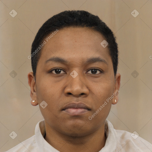 Neutral black young-adult male with short  black hair and brown eyes
