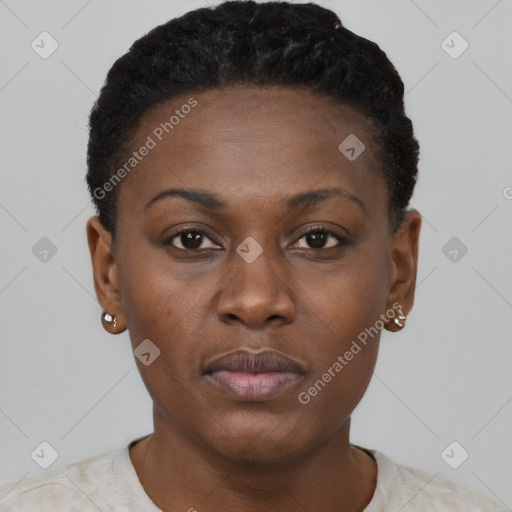 Neutral black young-adult female with short  black hair and brown eyes