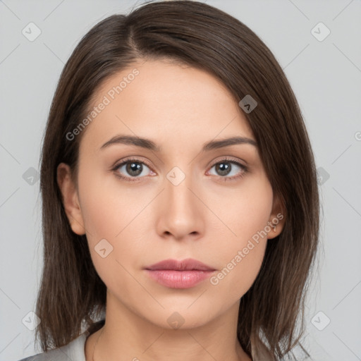 Neutral white young-adult female with medium  brown hair and brown eyes