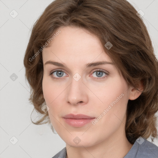 Neutral white young-adult female with medium  brown hair and grey eyes