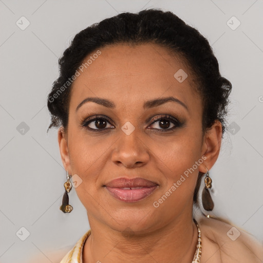 Joyful black adult female with short  brown hair and brown eyes