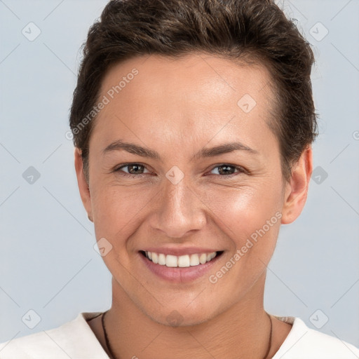 Joyful white young-adult female with short  brown hair and brown eyes