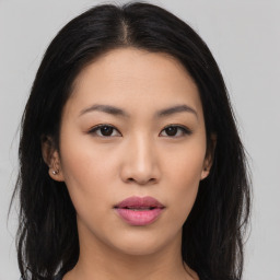 Neutral asian young-adult female with long  black hair and brown eyes