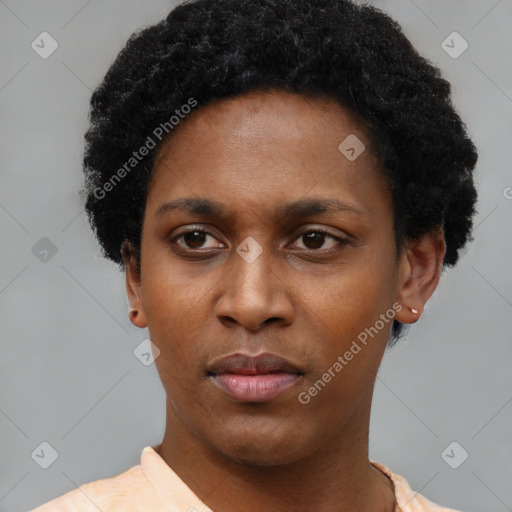Neutral black young-adult female with short  black hair and brown eyes