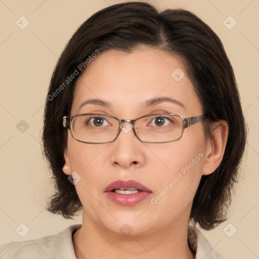 Neutral white adult female with medium  brown hair and brown eyes