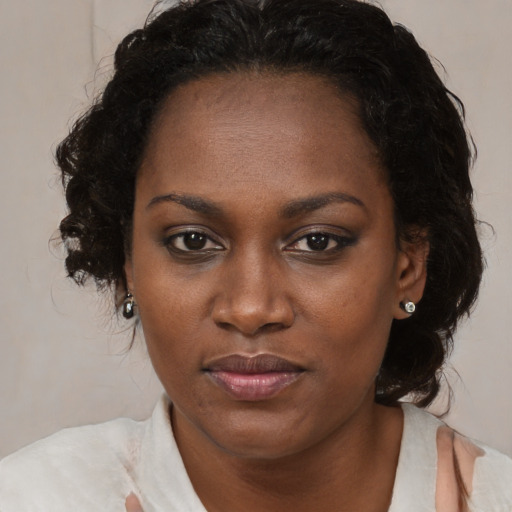 Joyful black young-adult female with medium  brown hair and brown eyes
