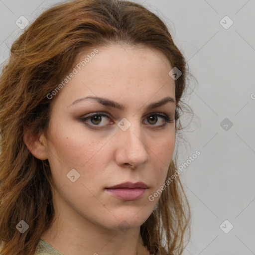 Neutral white young-adult female with long  brown hair and brown eyes