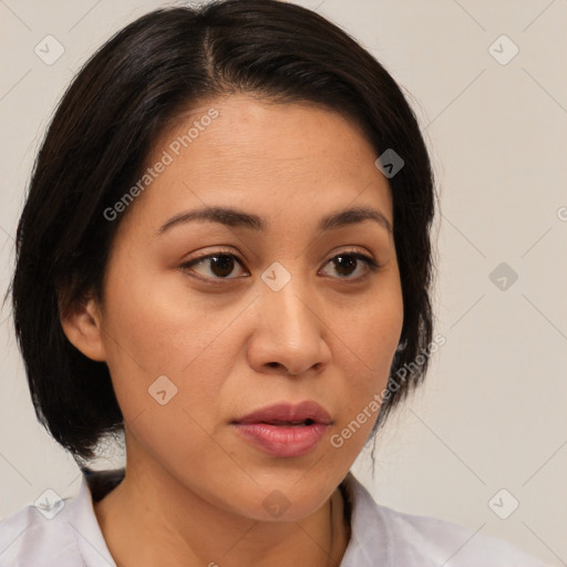 Neutral white young-adult female with medium  brown hair and brown eyes