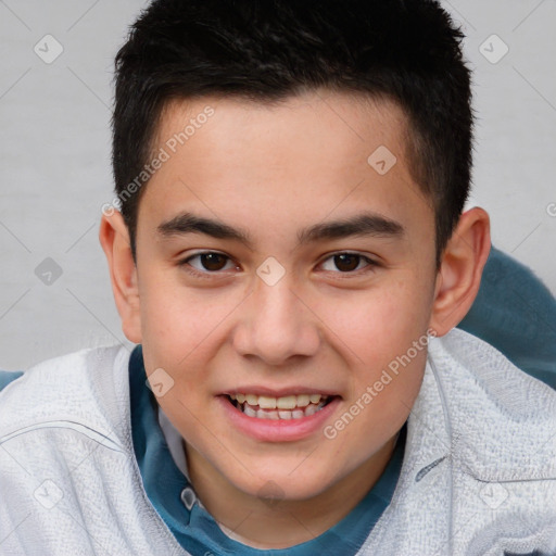 Joyful white child male with short  brown hair and brown eyes