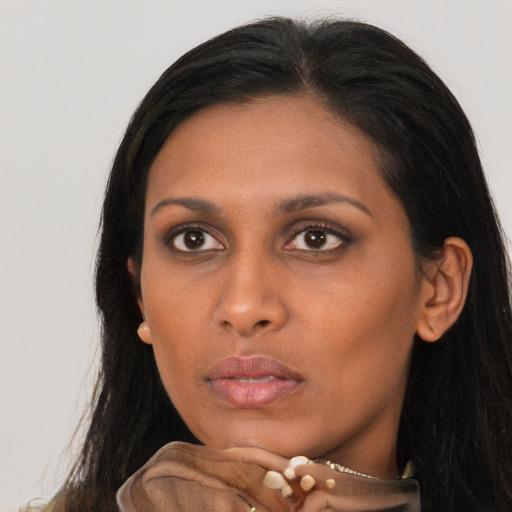 Neutral asian young-adult female with long  black hair and brown eyes