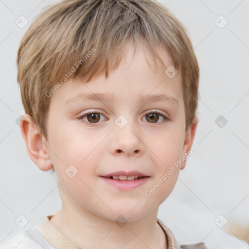 Joyful white child male with short  brown hair and brown eyes