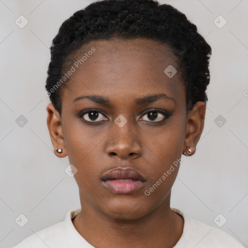 Neutral black young-adult female with short  black hair and brown eyes