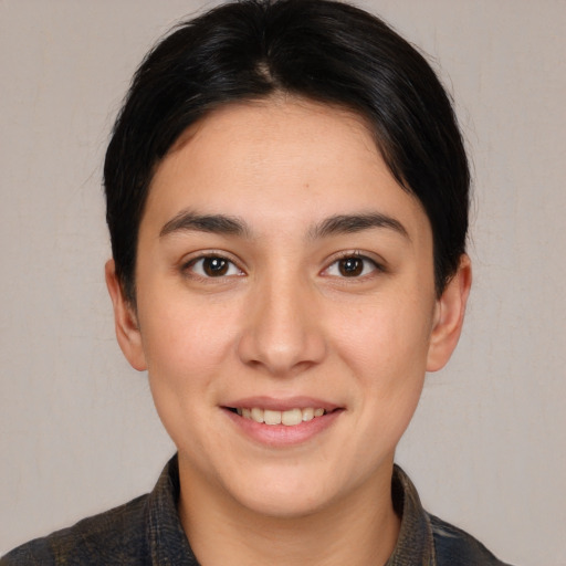 Joyful white young-adult female with medium  brown hair and brown eyes