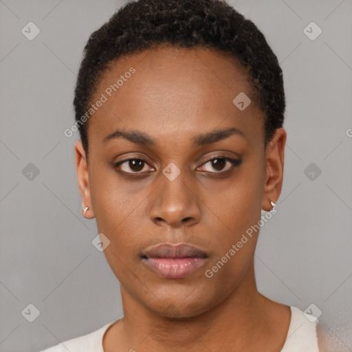 Neutral black young-adult female with short  black hair and brown eyes