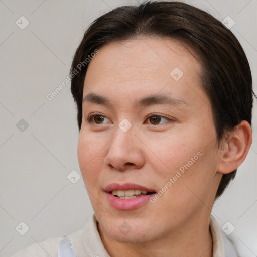 Joyful white young-adult female with short  brown hair and brown eyes