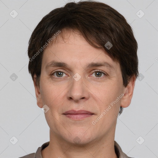 Joyful white adult male with short  brown hair and grey eyes