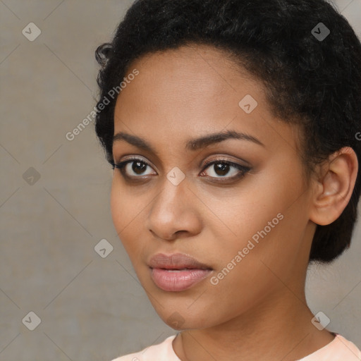 Neutral latino young-adult female with short  black hair and brown eyes