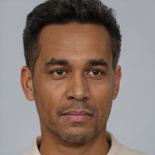 Neutral black adult male with short  brown hair and brown eyes