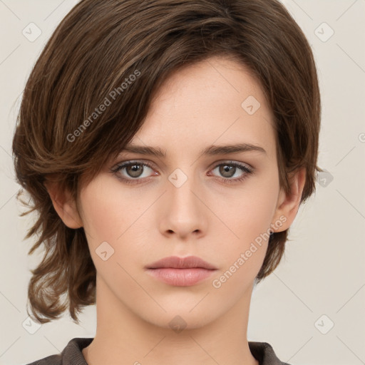 Neutral white young-adult female with medium  brown hair and brown eyes