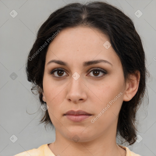 Neutral white young-adult female with medium  brown hair and brown eyes