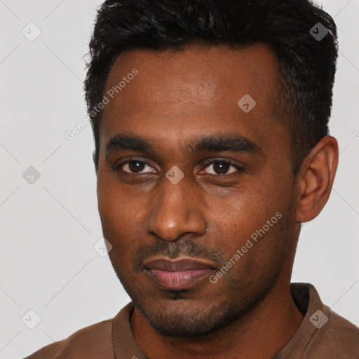 Neutral black young-adult male with short  black hair and brown eyes
