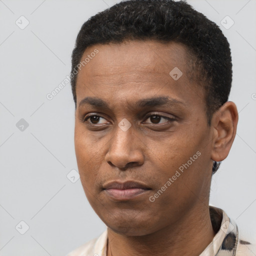 Joyful black young-adult male with short  black hair and brown eyes