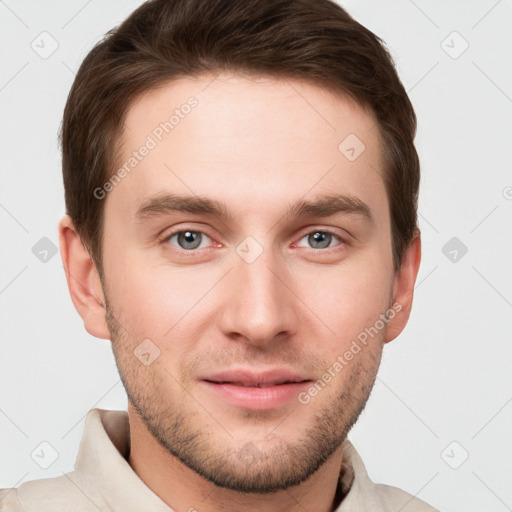 Neutral white young-adult male with short  brown hair and grey eyes