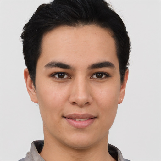 Joyful asian young-adult male with short  black hair and brown eyes