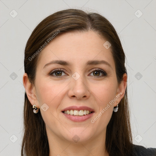 Joyful white young-adult female with long  brown hair and grey eyes