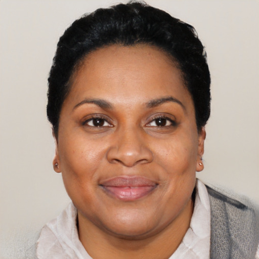 Joyful black adult female with short  black hair and brown eyes