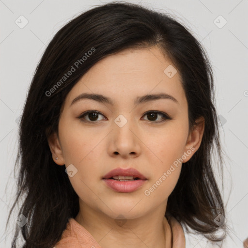 Neutral asian young-adult female with medium  brown hair and brown eyes